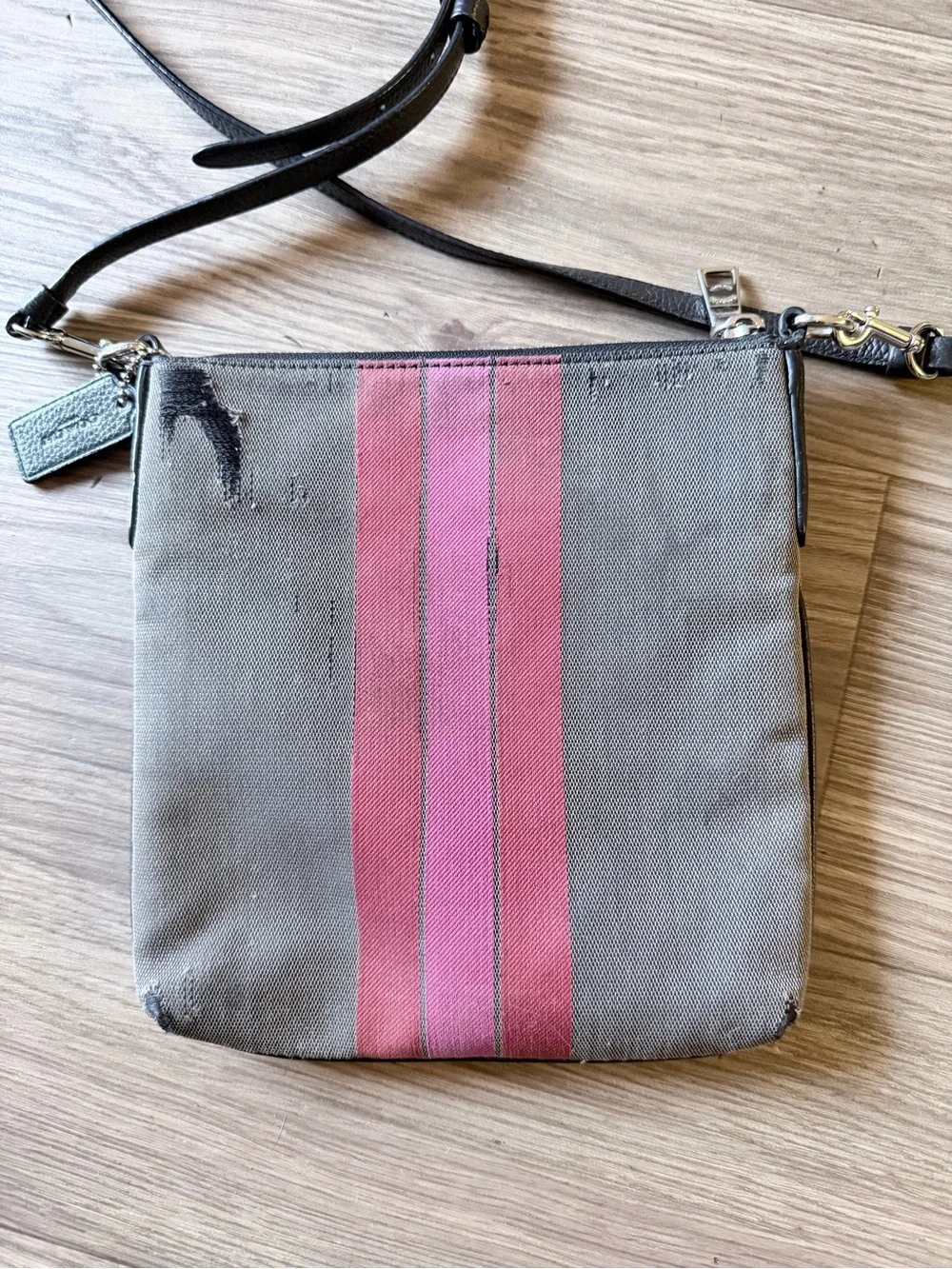 Coach New York Gray & Pink Stripe Canvas Crossbody Bag Authentic